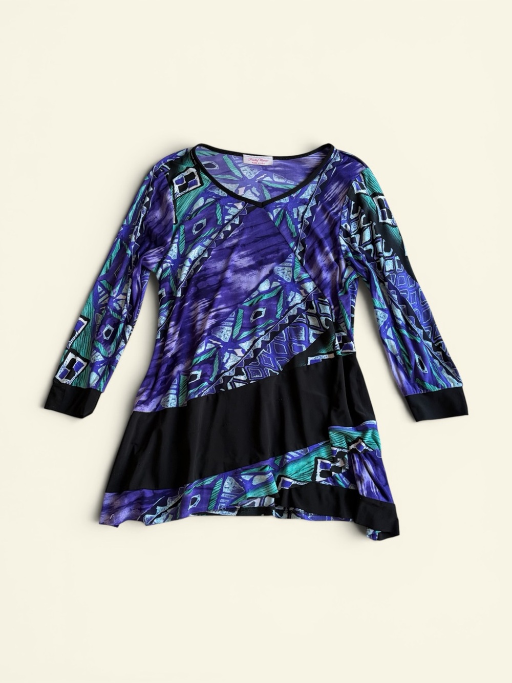 Pretty Woman Vintage Y2K Abstract Geometric Tunic Top Purple Teal 3/4 Sleeve USA
